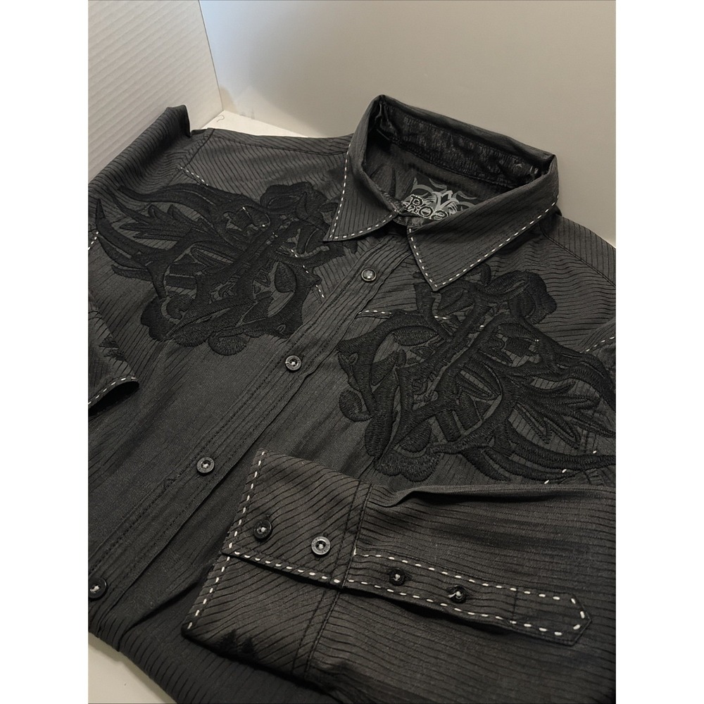 Roar "The Revel Shirt" Mens L Long Sleeve Button Up Embroidered Charcoal Striped